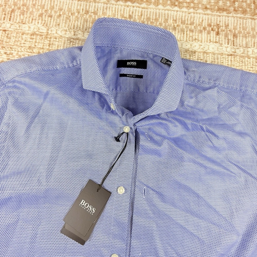 Hugo Boss Men's Hank Spread Slim Fit Blue Cotton Dress Shirt 15 1/2. 34/35